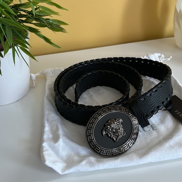 VERSACE BLACK LEATHER BELT MEDUSA HEAD SILVER SIZE 100/40 fit 34to 40 NEW - Picture 2 of 6
